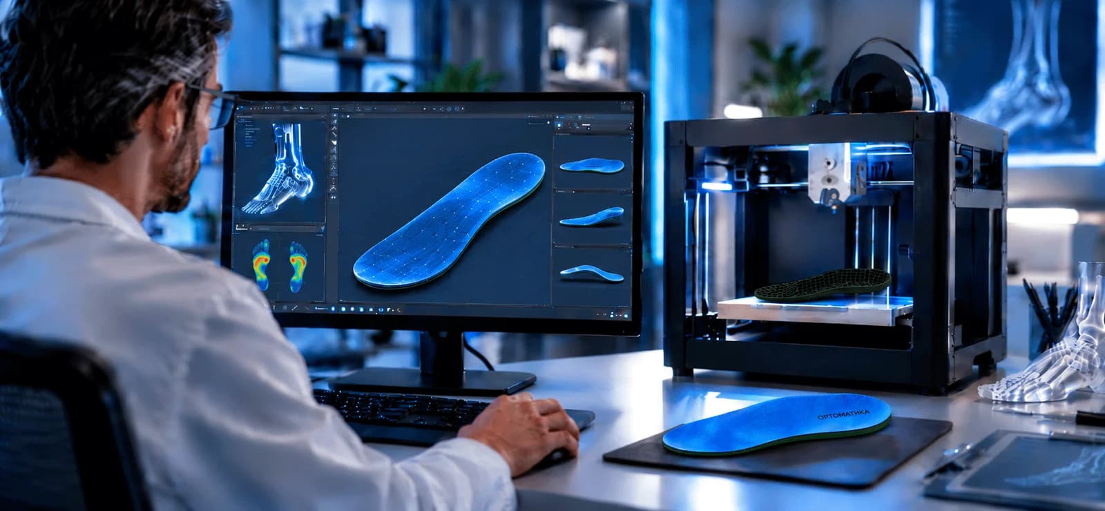 Специалист работает с цифровой моделью стельки рядом с 3D-принтером
